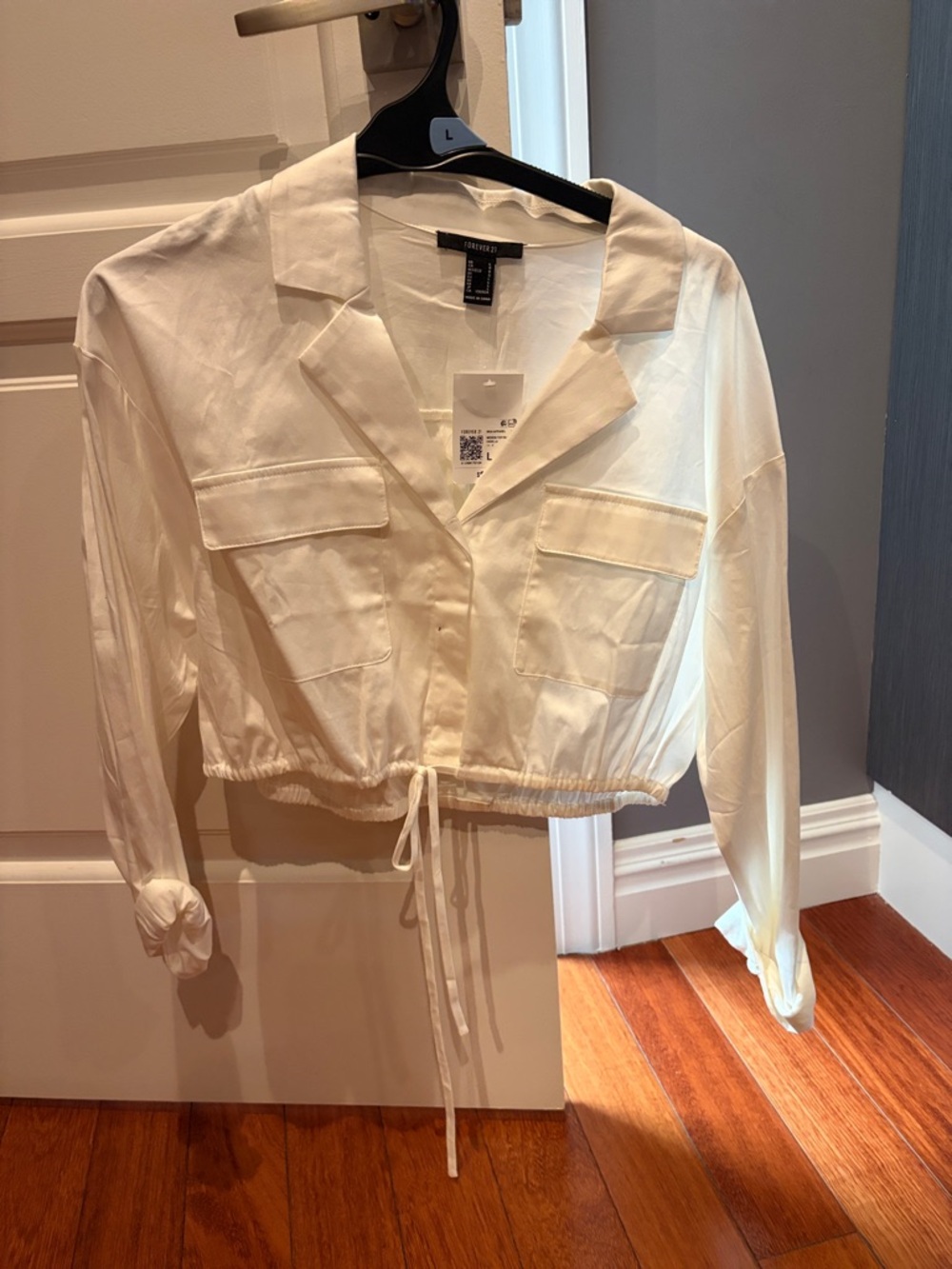 Forever 21 Cream Drawstring Cropped Shirt Jacket